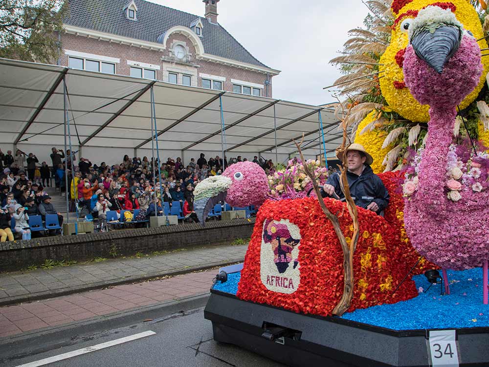 Crowds watching the Flower Parade from the grandstand in the centre of Lisse